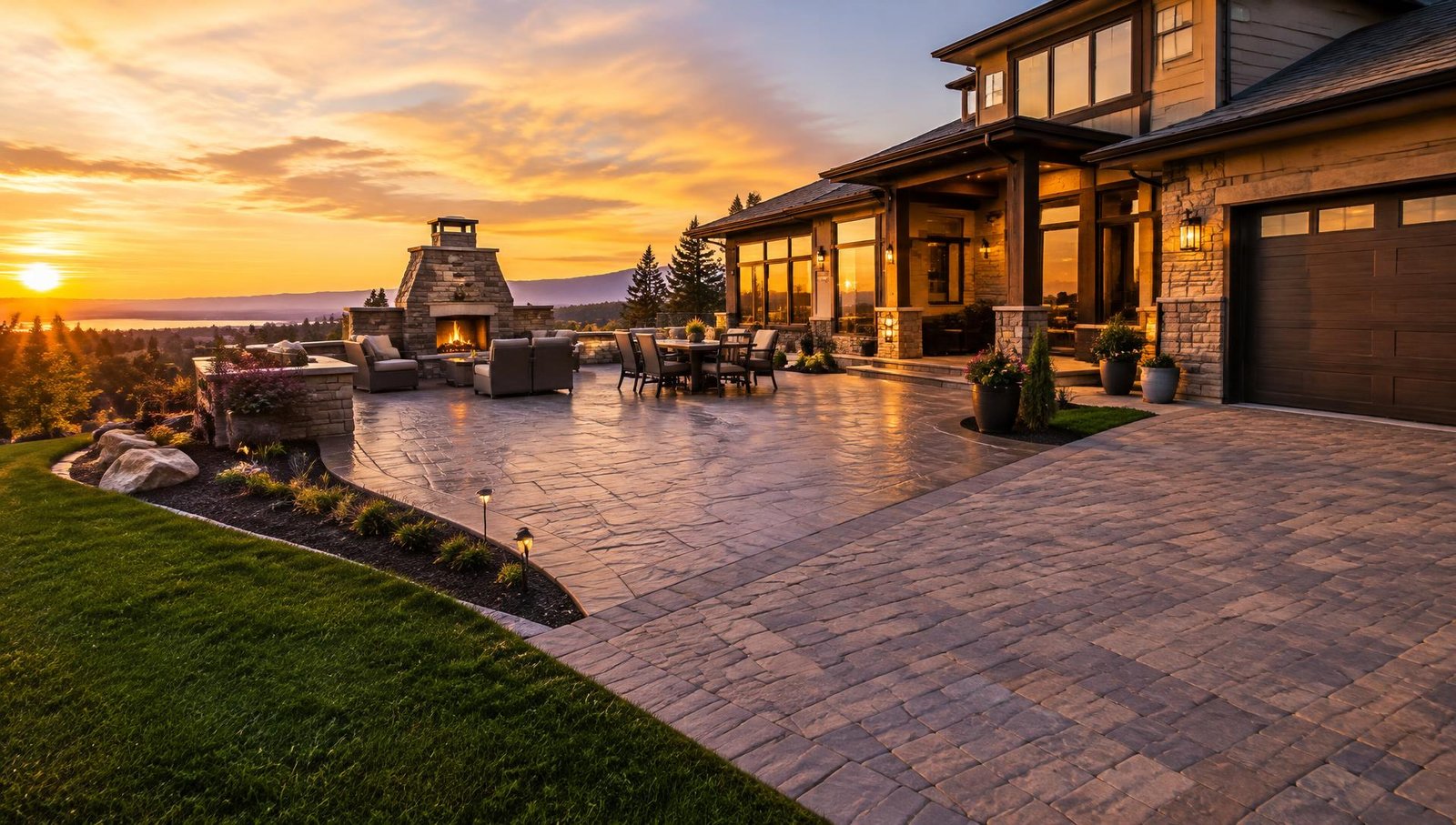 Concrete patio and paver driveway at sunset